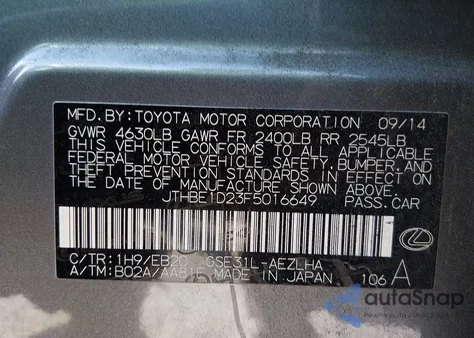 2015 Lexus Is 350 from USA, damaged, VIN JTHBE1D23F5016649